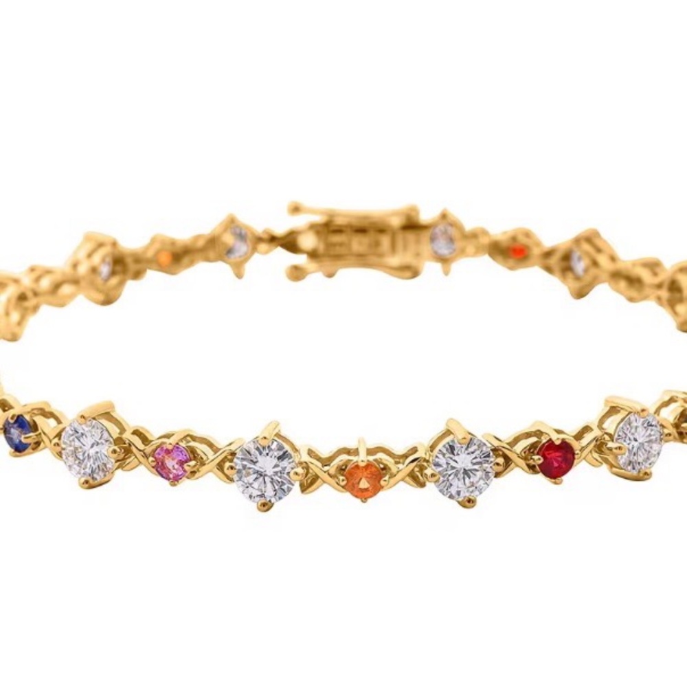 Moissanite and Multi Sapphire Art Deco Bracelet in Yellow Gold Vermeil 6.5”